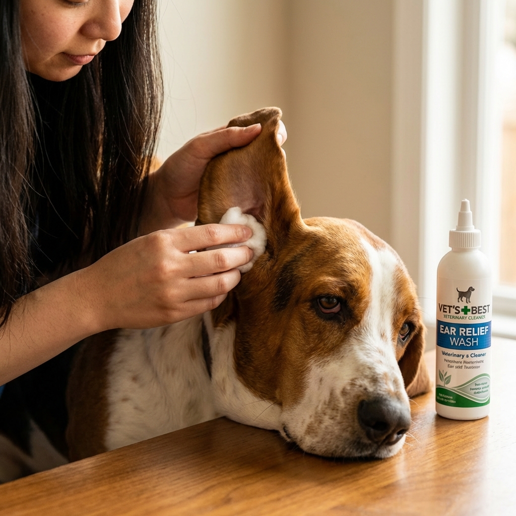 A close-up photo of an owner holding a cotton ball near a Basset Hound ear with a veterinary ear cleaner bottle on the table