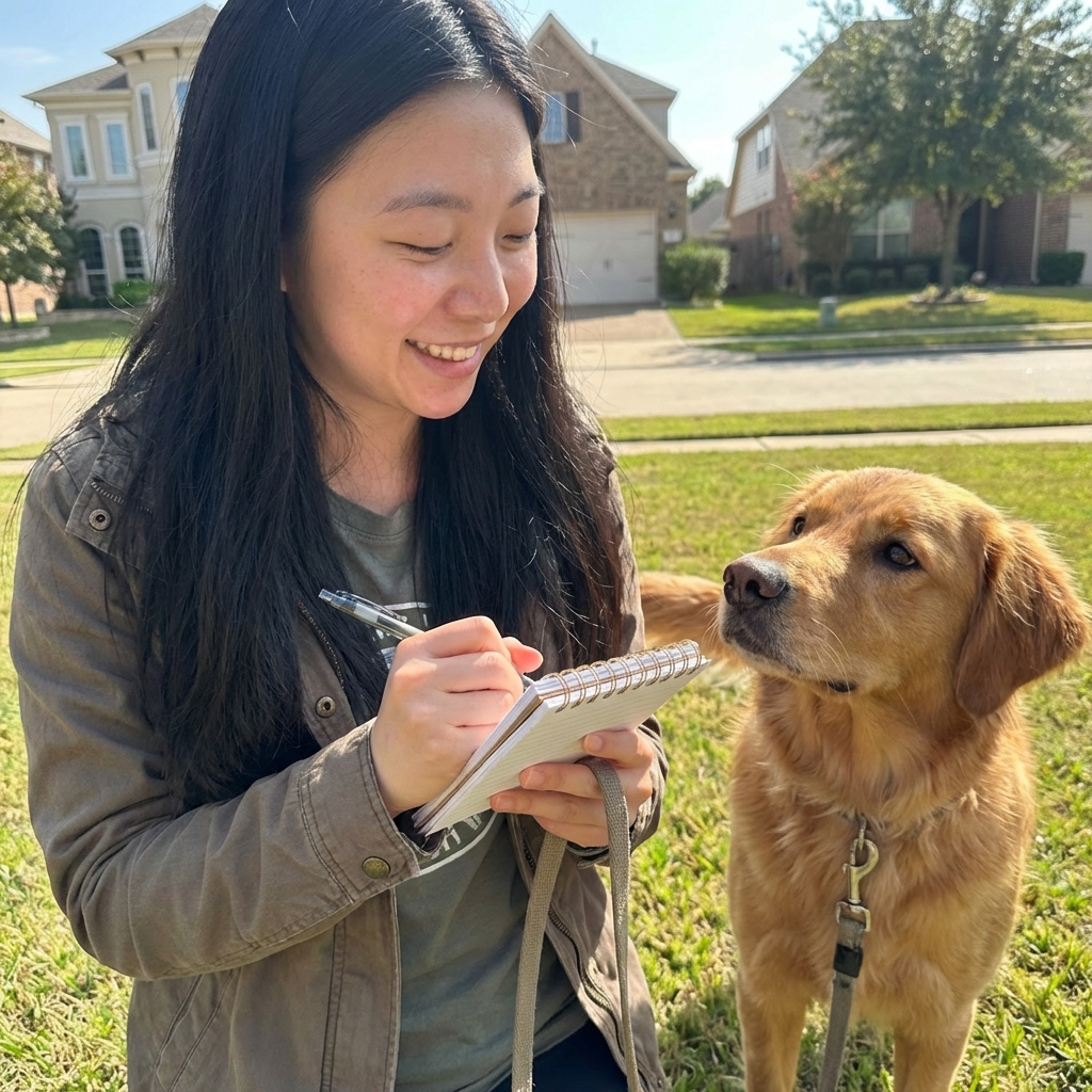 A close-up photo of an owner holding a small notebook and pen while standing outdoors with a dog on leash