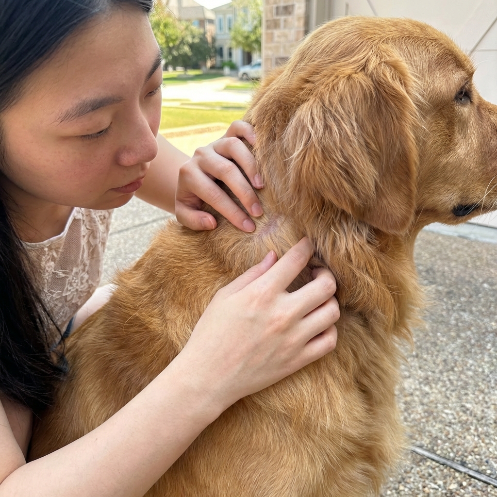 A close-up photo of an owner parting a dog’s fur on the neck area during a tick check