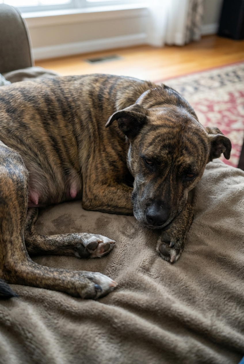 A close-up photo of an unspayed female dog lying on a blanket at home looking tired and uncomfortable