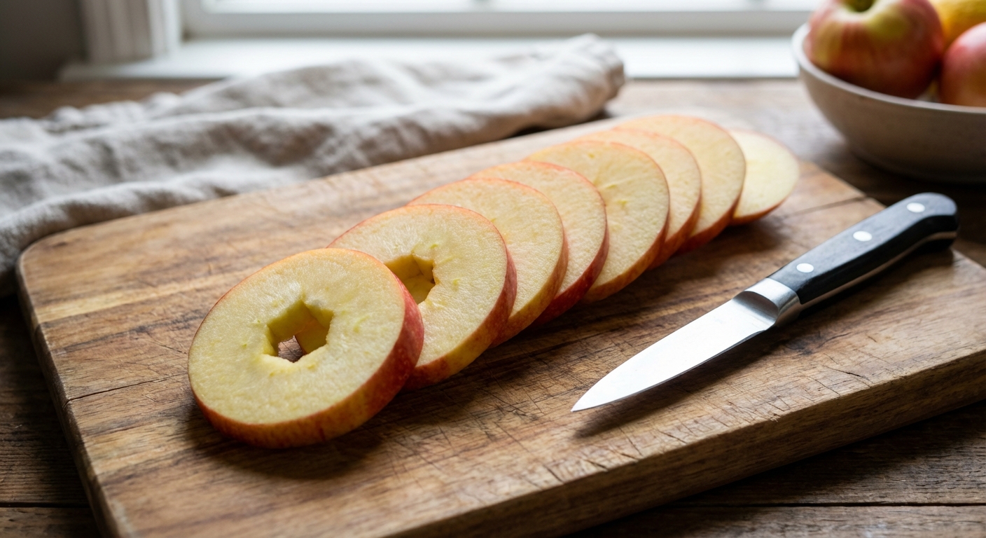 A close-up photo of apple slices on a cutting board with the core removed