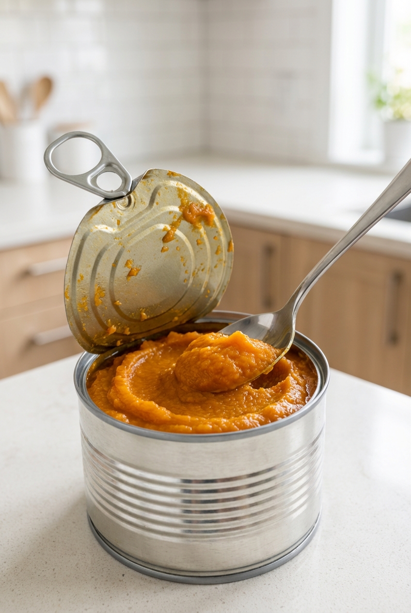 A close-up photo of canned plain pumpkin and a spoon on a kitchen counter