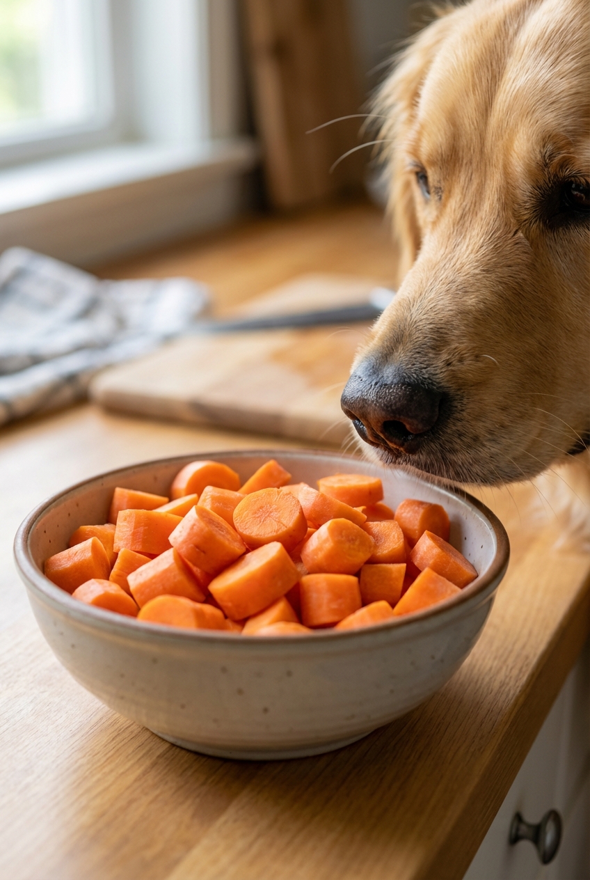 A close-up photo of chopped carrots in a bowl on a kitchen counter with a dog’s nose sniffing nearby