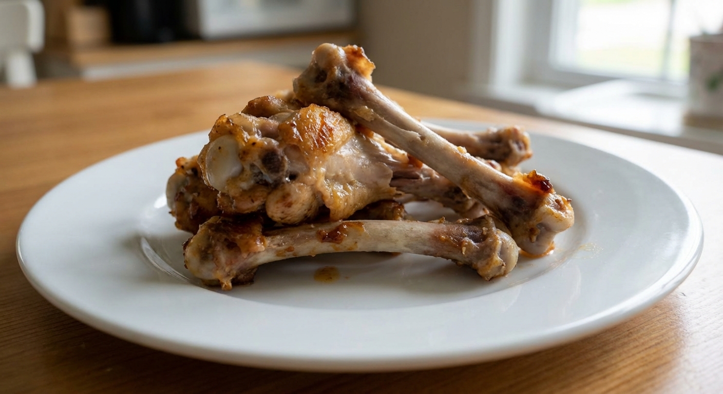 A close-up photo of cooked chicken wing bones on a plate