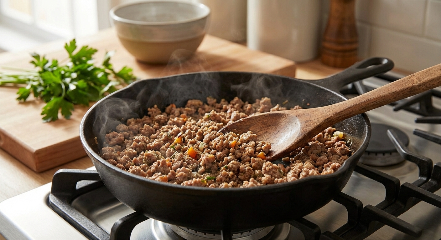 A close-up photo of cooked ground turkey in a skillet with a wooden spoon in a home kitchen