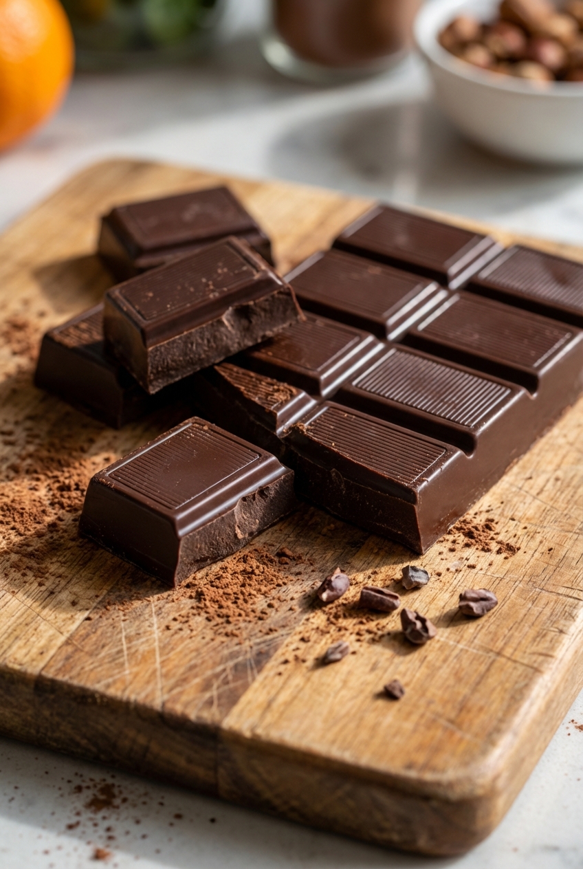 A close-up photo of dark chocolate squares on a cutting board