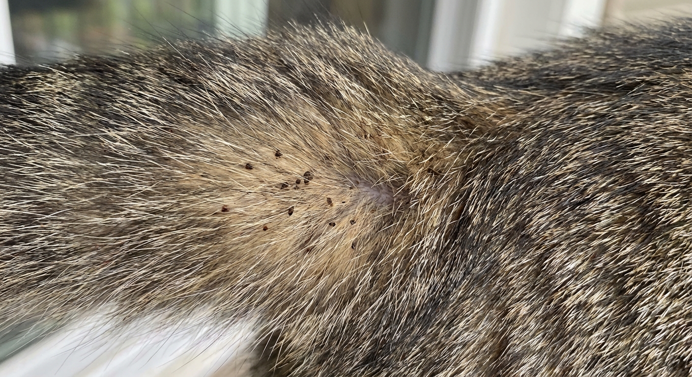 A close-up photo of dark flea dirt specks visible in a cat’s fur near the base of the tail