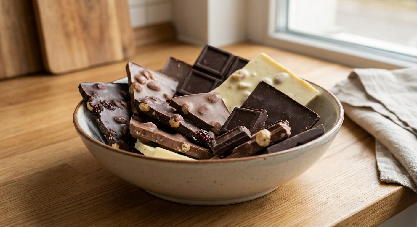 A close-up photo of different types of chocolate pieces in a bowl