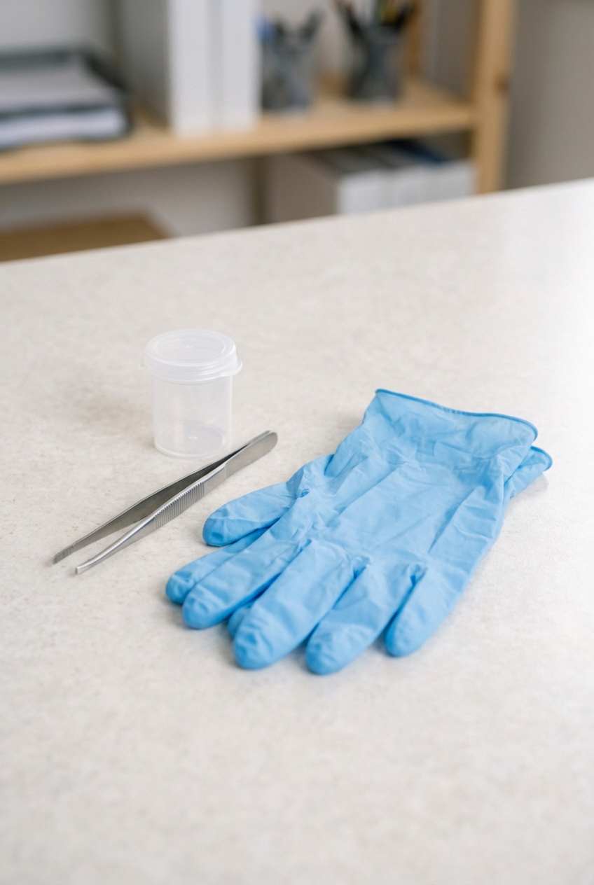 A close-up photo of fine-tipped tweezers, disposable gloves, and a small sealable container on a clean countertop