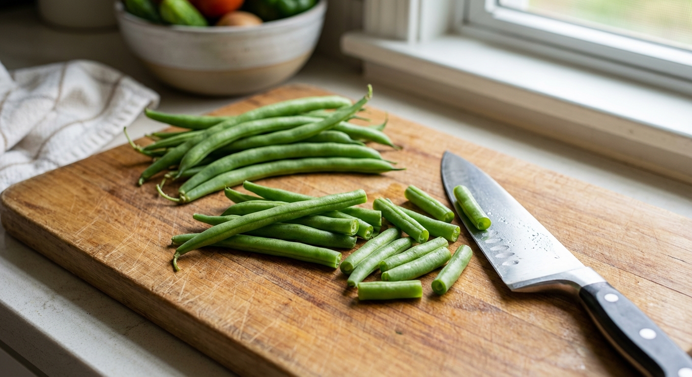 A close-up photo of fresh green beans on a cutting board in a home kitchen