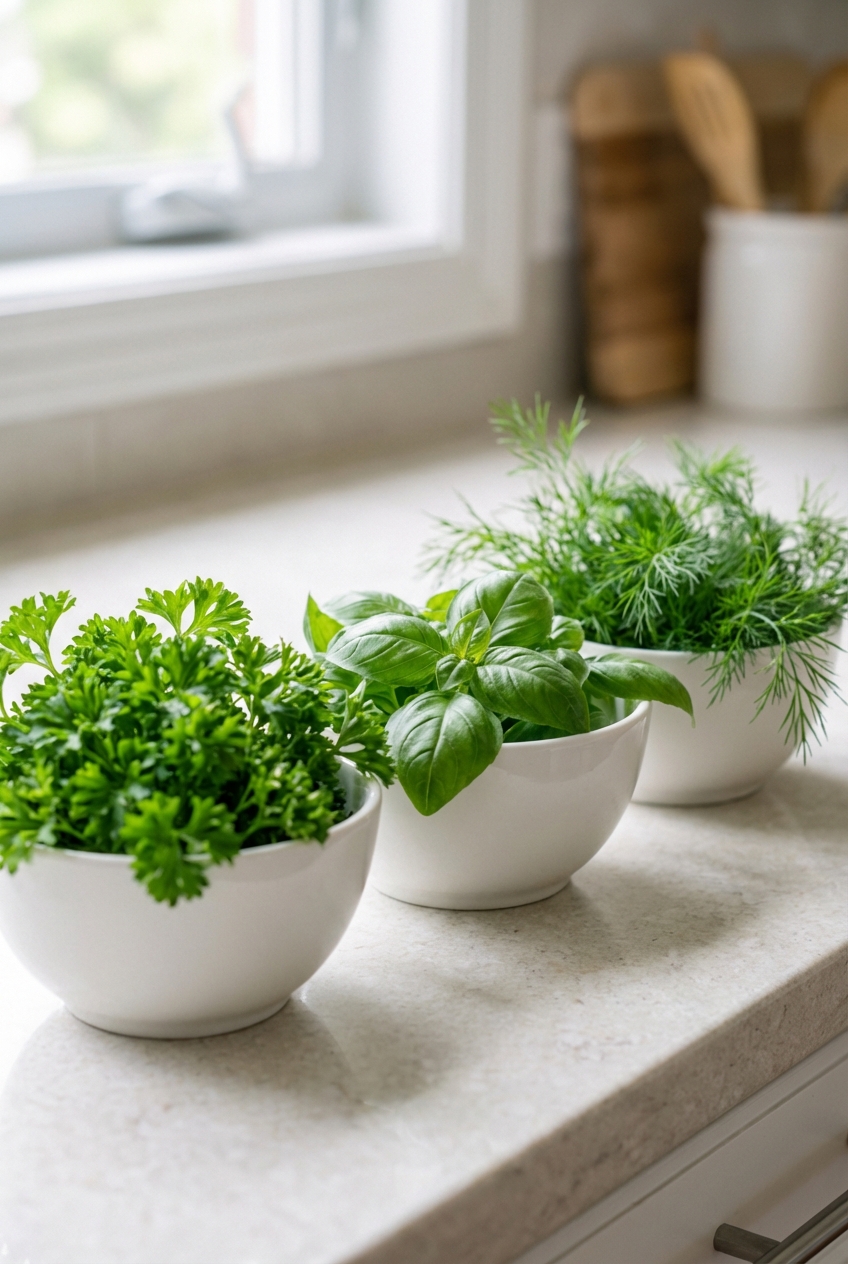 A close-up photo of fresh parsley, basil, and dill in small bowls on a kitchen counter
