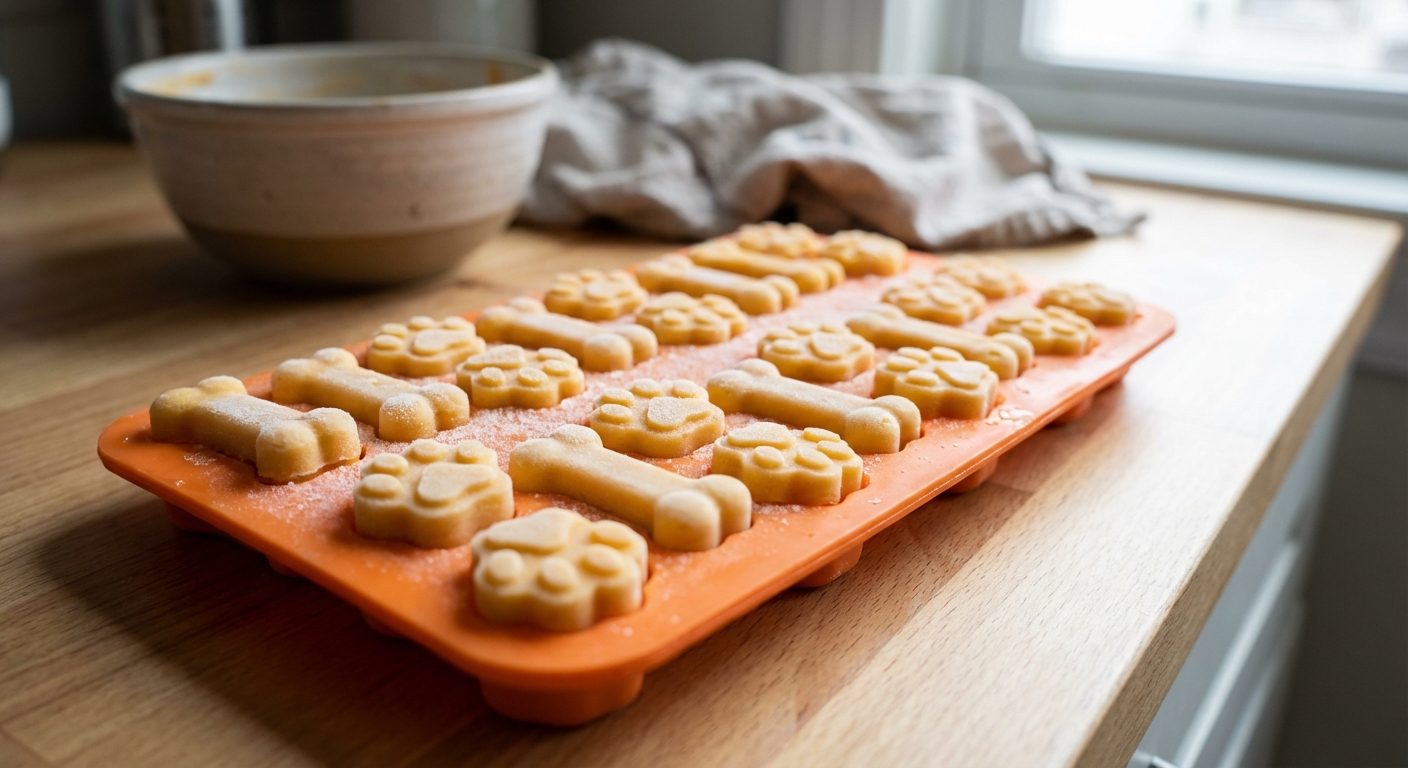 A close-up photo of frozen pumpkin yogurt dog treats in a silicone mold on a kitchen counter