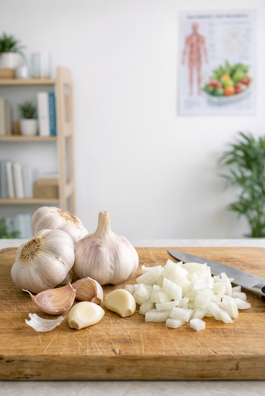 A close-up photo of garlic bulbs and chopped onion on a wooden cutting board