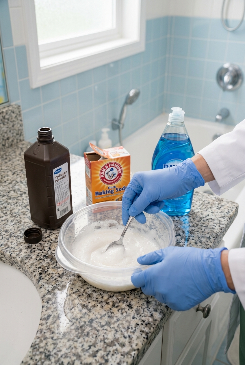 A close-up photo of gloved hands mixing hydrogen peroxide, baking soda, and dish soap in a plastic bowl on a bathroom counter