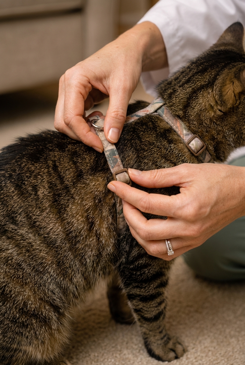 A close-up photo of hands adjusting a cat harness strap to a snug fit on a tabby cat indoors