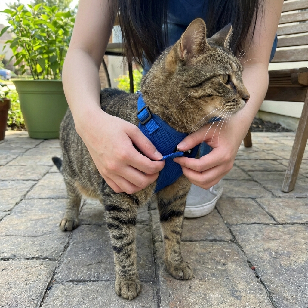 A close-up photo of hands adjusting a cat harness so it fits snugly on a cat’s chest