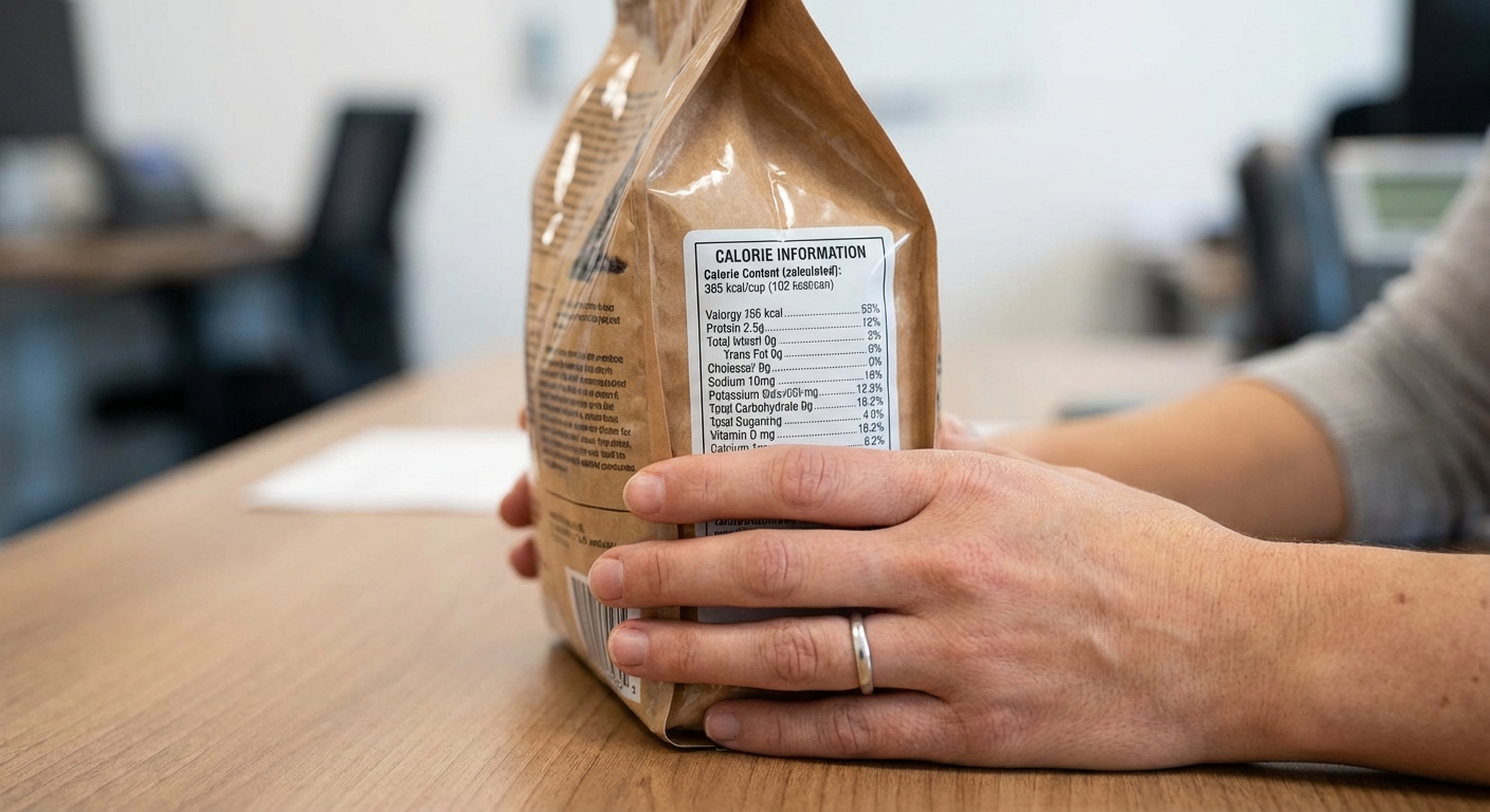 A close-up photo of hands holding a cat food bag with the calorie information panel visible