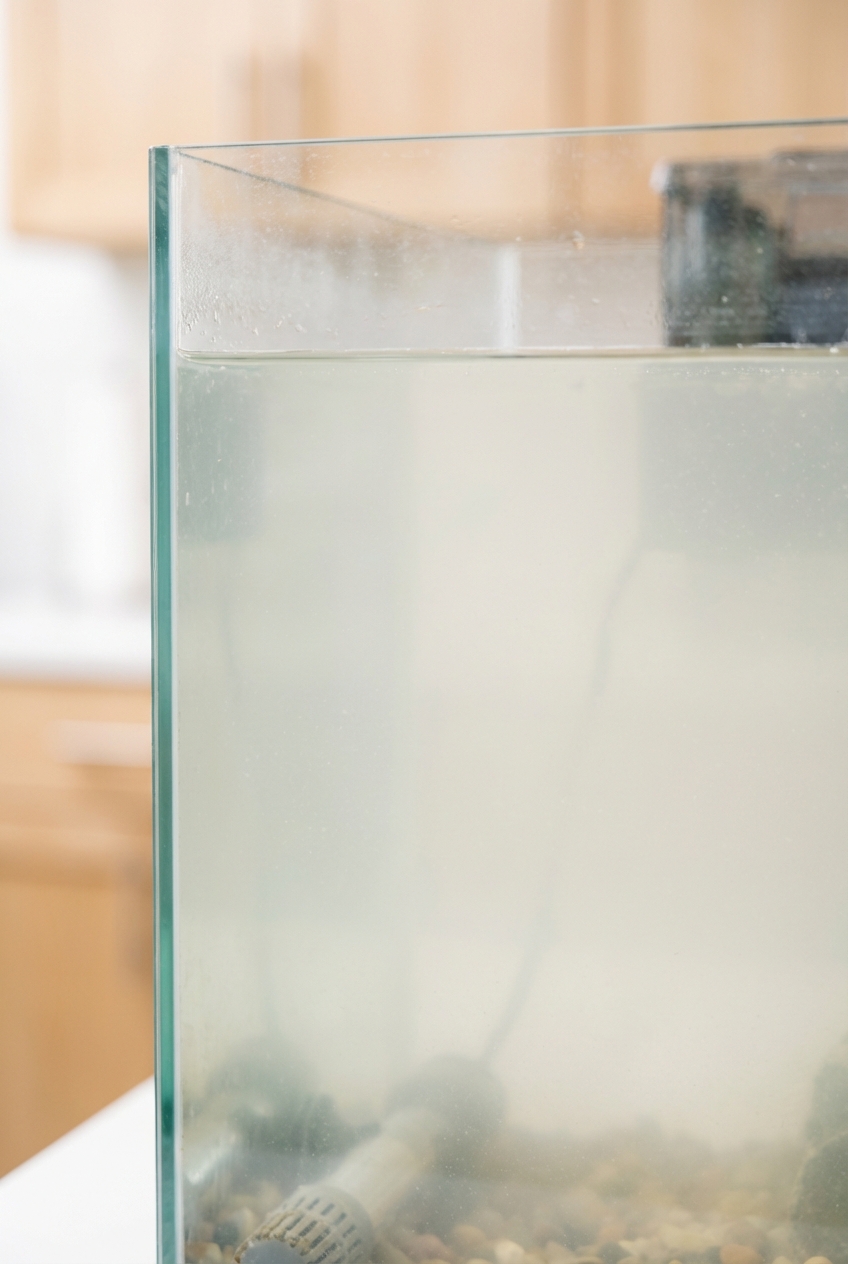 A close-up photo of milky white cloudy aquarium water in a glass tank