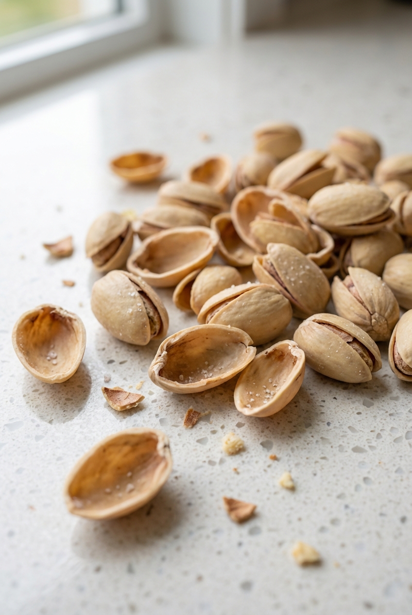 A close-up photo of pistachio shells scattered on a countertop