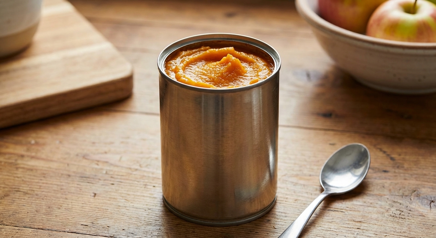 A close up photo of plain canned pumpkin puree in an open can on a kitchen counter with a spoon resting beside it, photorealistic