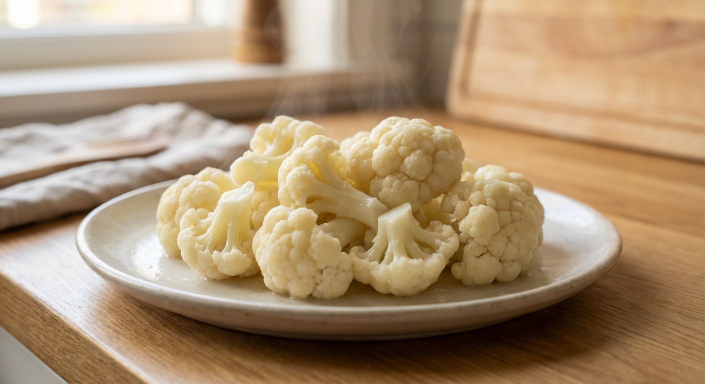 A close-up photo of plain steamed cauliflower florets cooling on a plate in a home kitchen