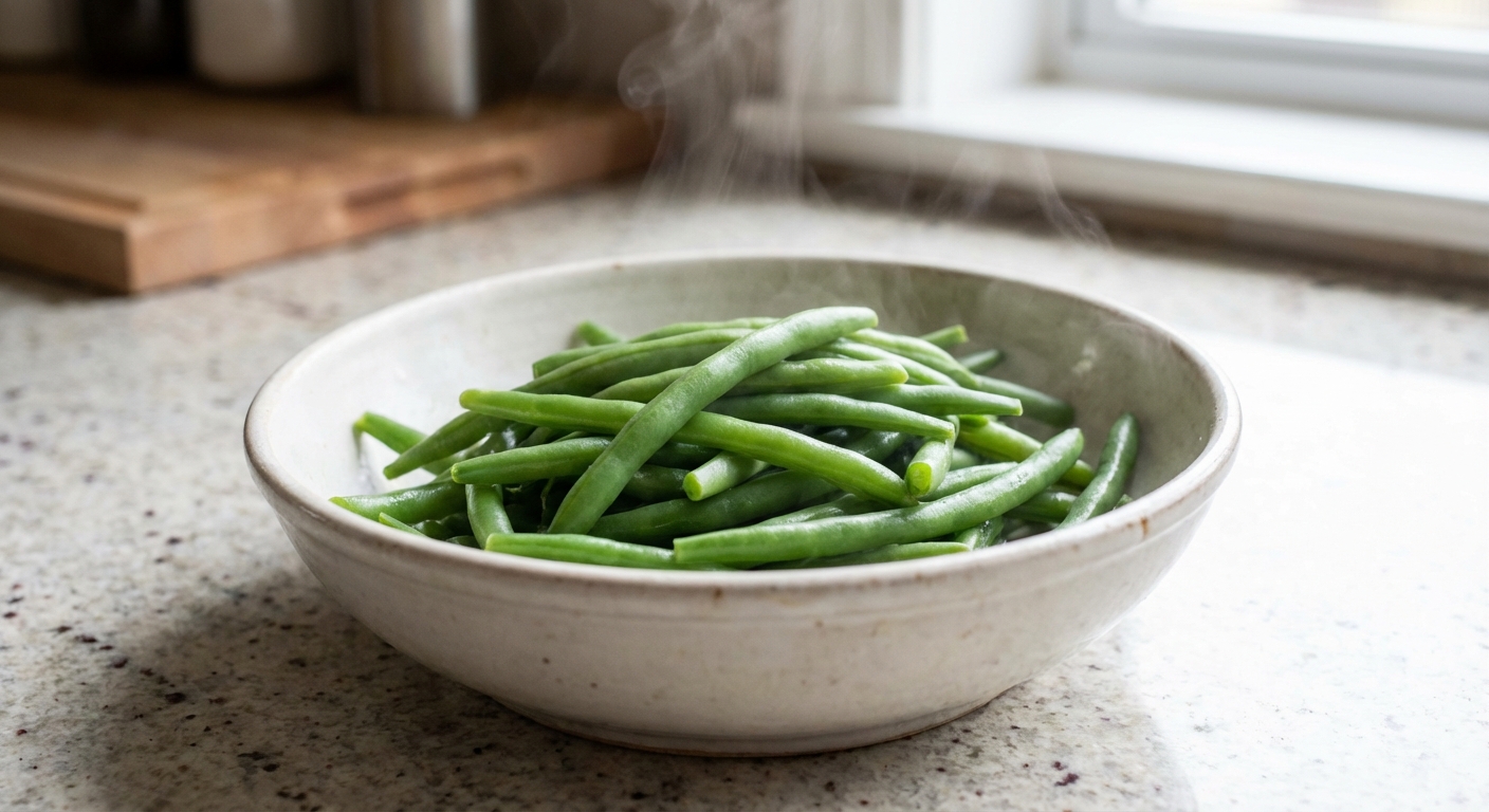 A close-up photo of plain steamed green beans cooling in a ceramic bowl on a kitchen counter