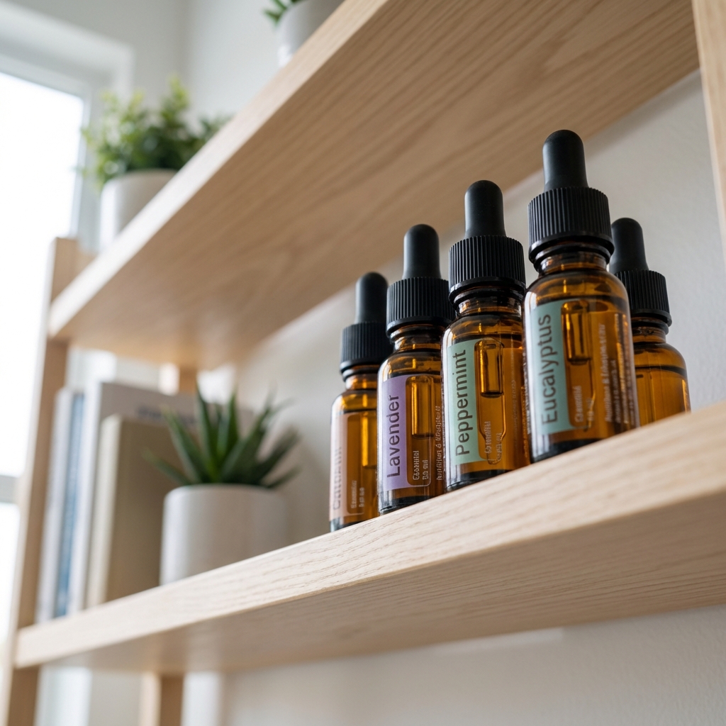 A close-up photo of several small amber essential oil bottles with caps on, sitting on a high shelf out of a dog’s reach