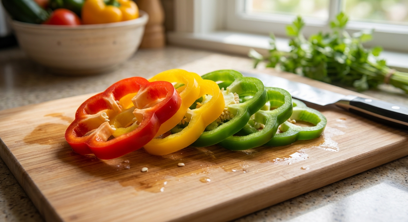 A close-up photo of sliced red, yellow, and green bell peppers on a cutting board in a home kitchen