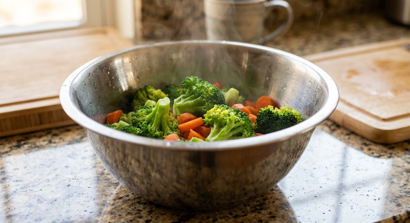 A close-up photo of steamed broccoli and chopped carrots cooling in a stainless steel bowl on a kitchen counter