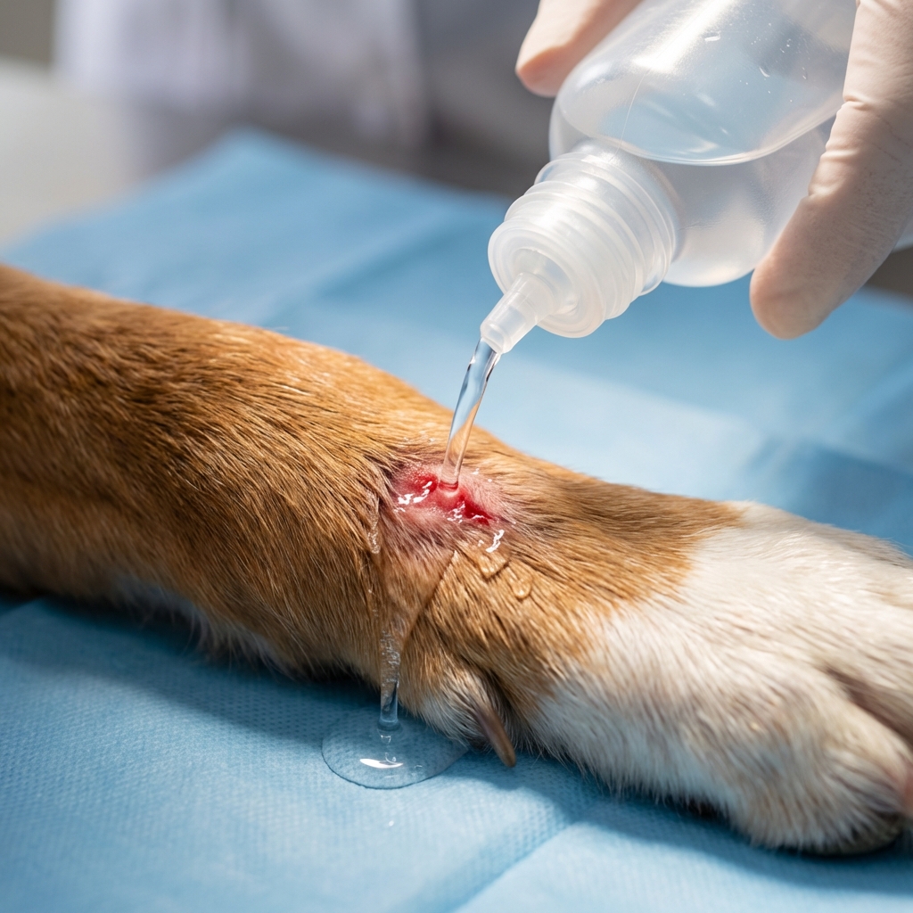 A close-up photo of sterile saline being gently flushed onto a small superficial dog skin scrape