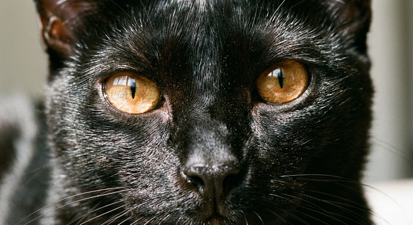 A close-up photograph of a Bombay cat’s face showing copper eyes and short glossy black fur