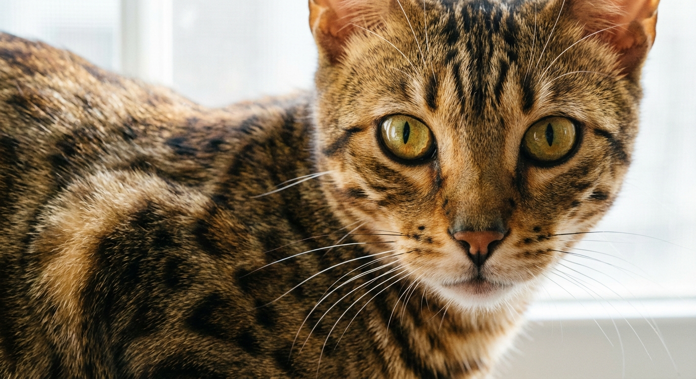 A close-up photograph of a California Spangled cat’s short spotted coat and bright eyes in natural daylight