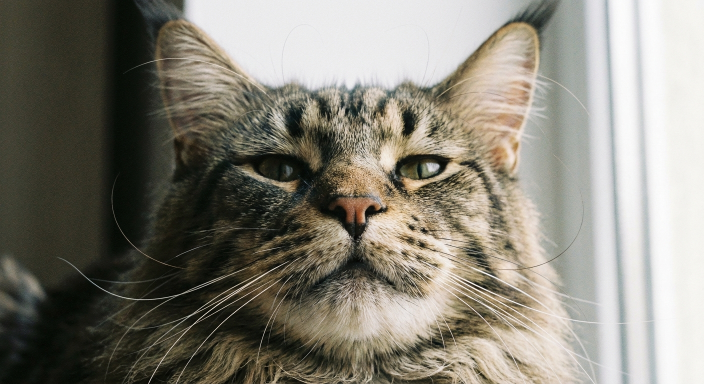 A close-up photograph of a Maine Coon face showing a square muzzle, tufted ears, and long whiskers
