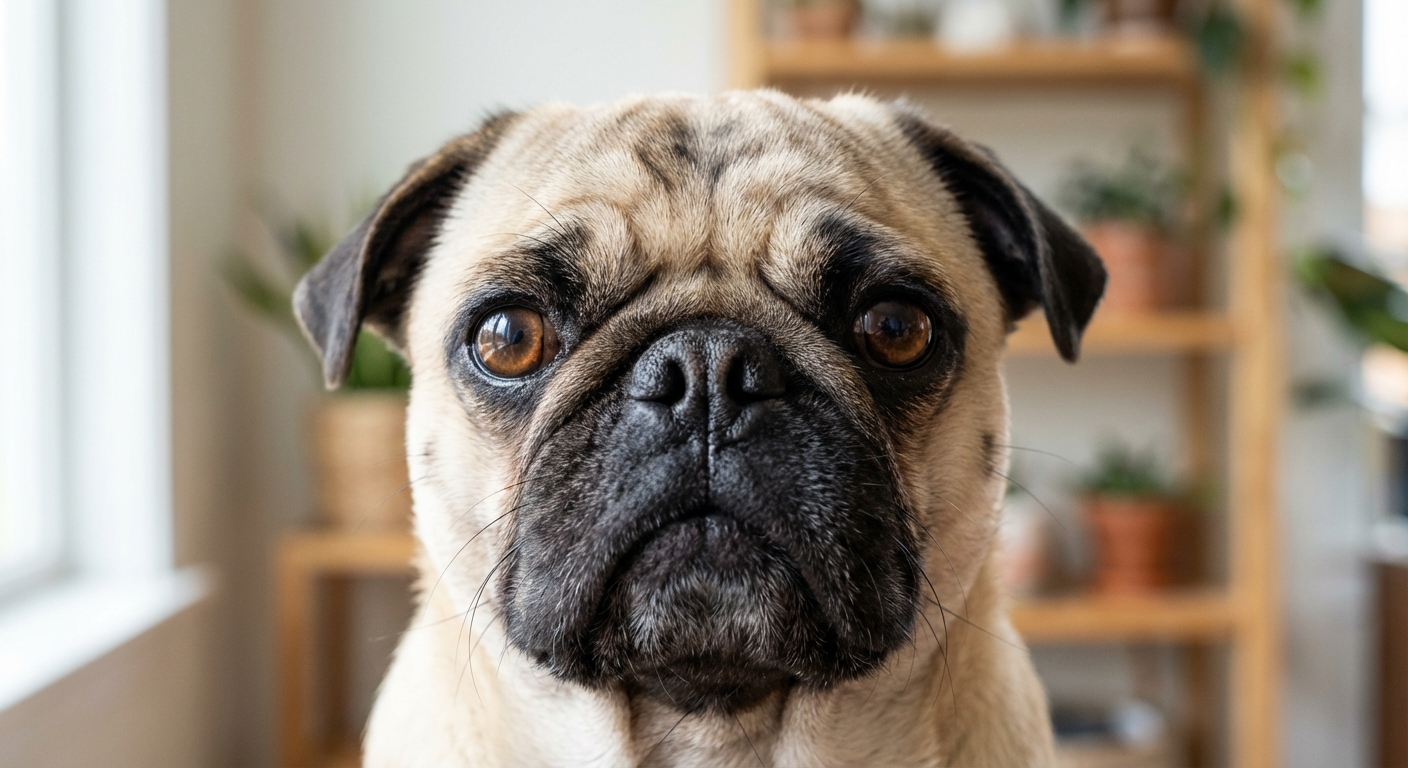 A close-up photograph of a Pug face focusing on the eyes and muzzle in soft daylight