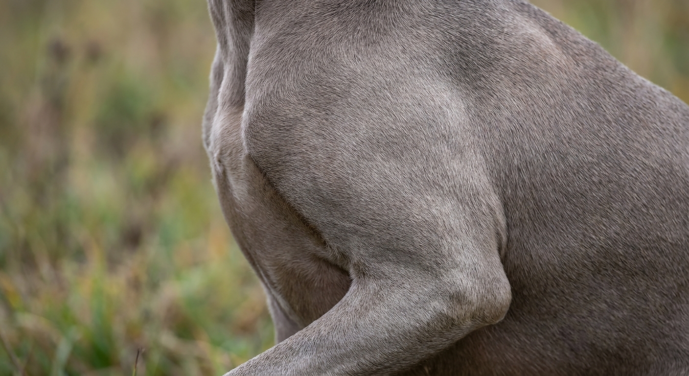 A close-up photograph of a Weimaraner’s silver-gray coat and shoulder area in soft outdoor light, showing the smooth short fur texture