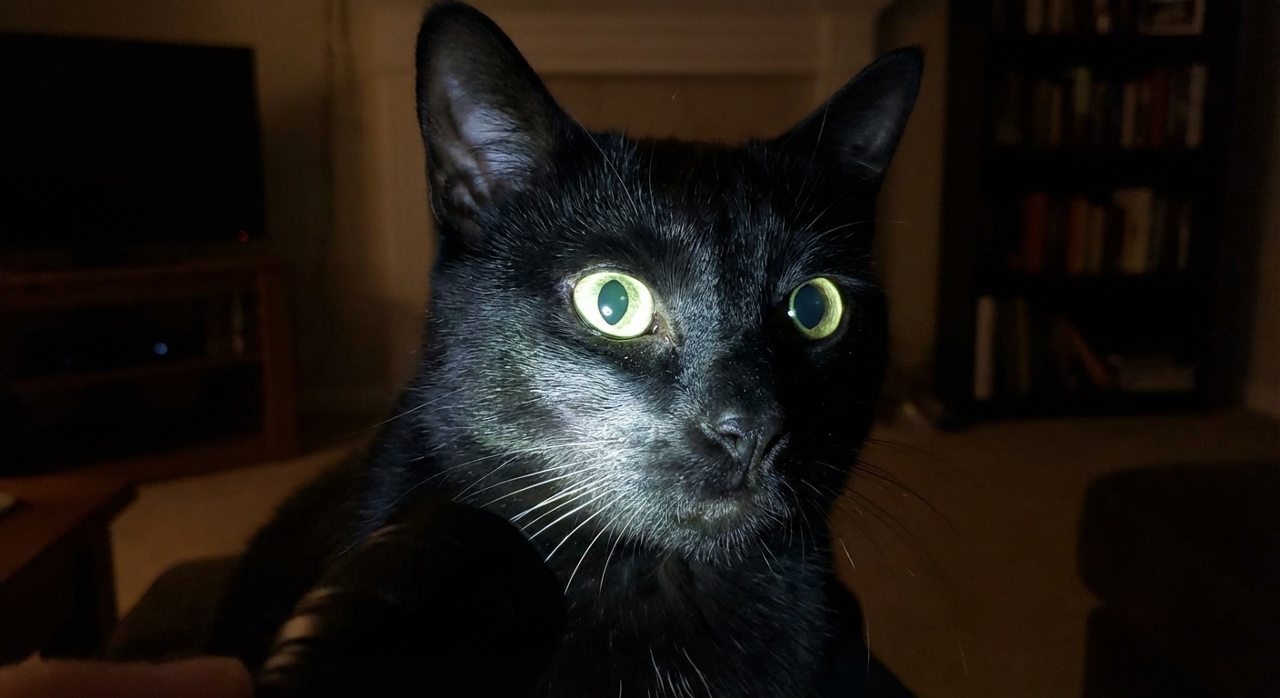 A close-up photograph of a black cat with reflective eye shine from a flashlight in a dark room