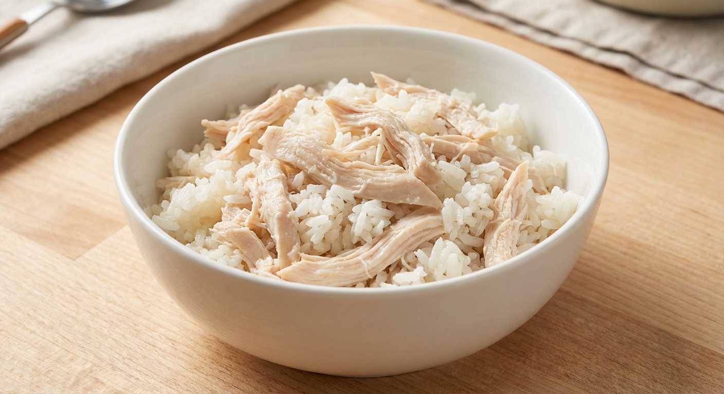 A close-up photograph of a bowl containing shredded boiled chicken and white rice on a countertop