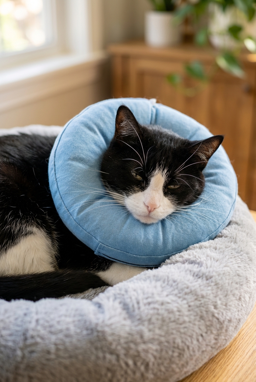 A close-up photograph of a calm black-and-white cat wearing a soft recovery collar while resting on a pet bed