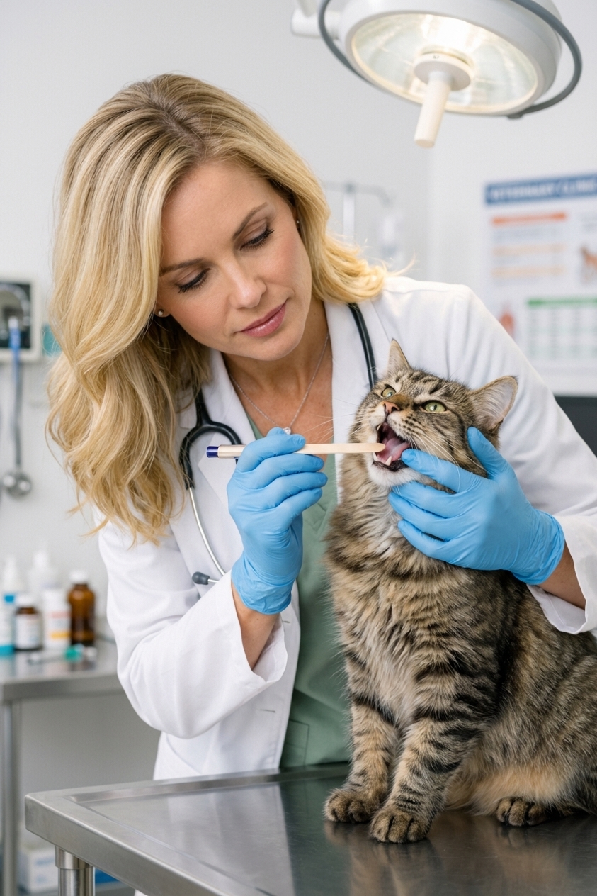 A close-up photograph of a cat at a veterinary clinic while a veterinarian gently examines the cat’s mouth, clinical lighting, realistic photography