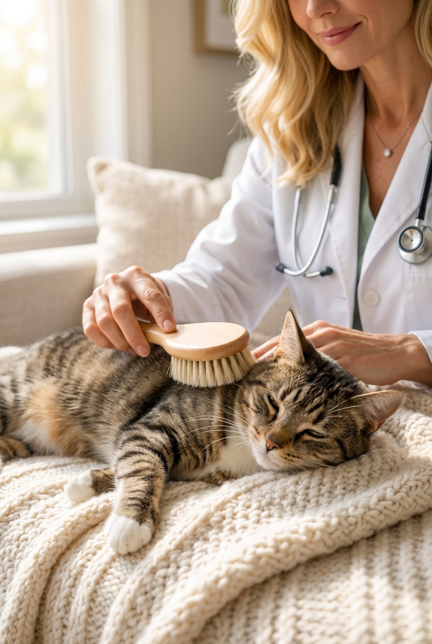 A close-up photograph of a cat being gently brushed on a soft blanket