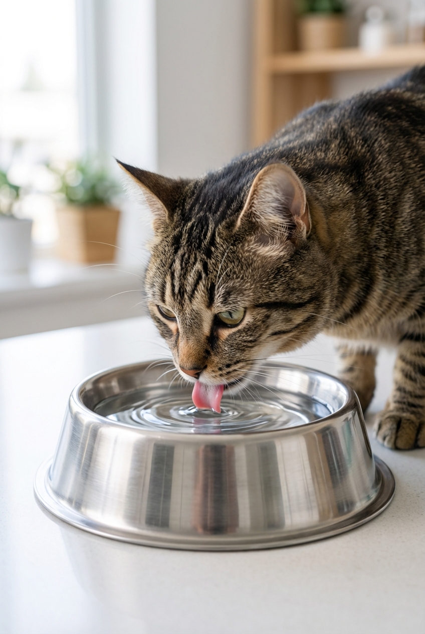 A close-up photograph of a cat drinking water from a stainless steel bowl