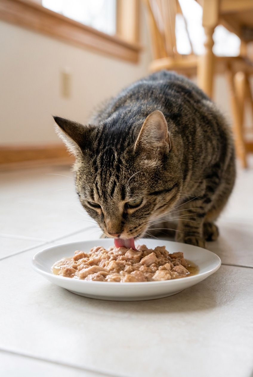 A close-up photograph of a cat eating moist canned food from a shallow dish