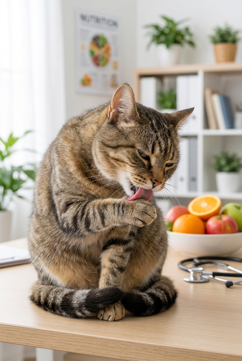 A close-up photograph of a cat grooming its paw indoors