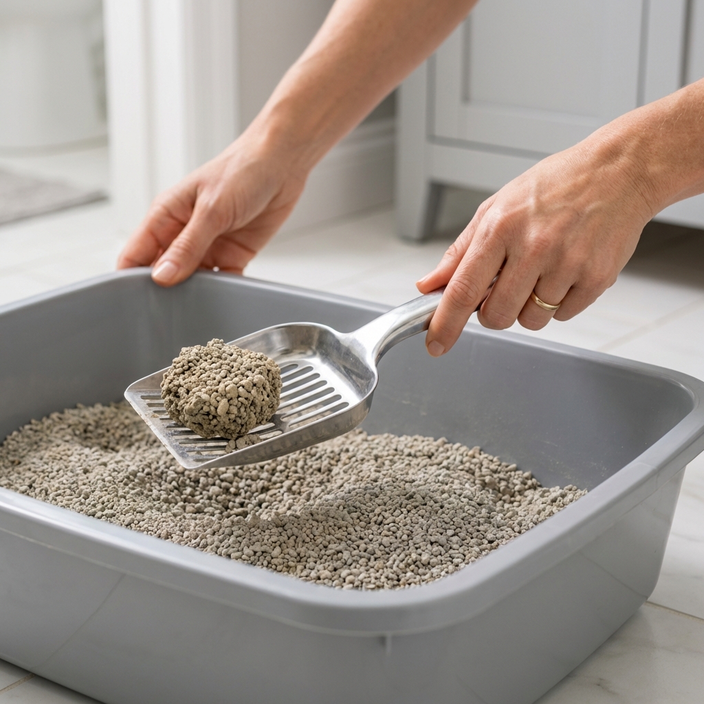 A close-up photograph of a cat owner scooping clumping litter in a litter box