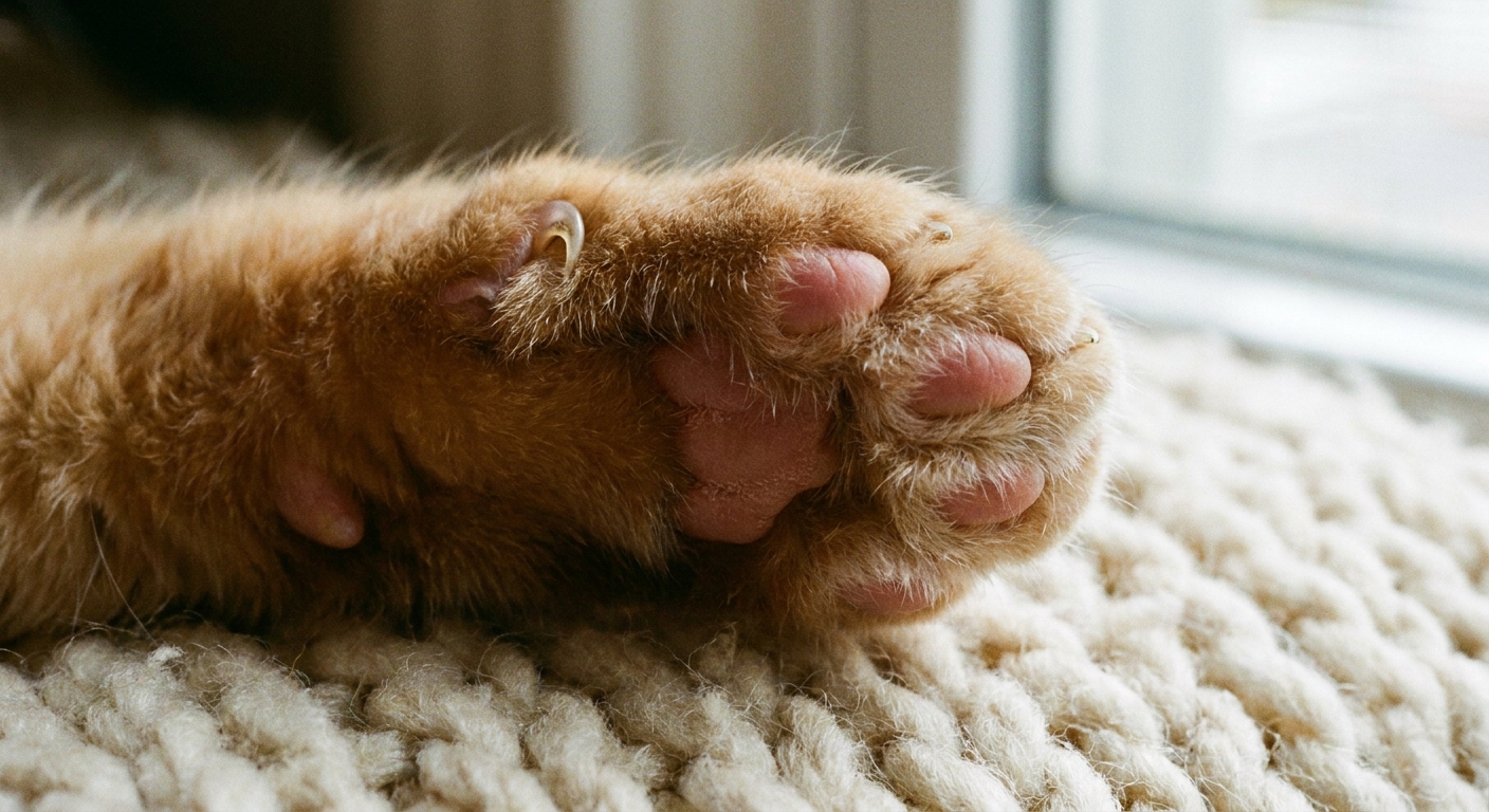 A close-up photograph of a cat paw resting on a blanket, showing the toes and claws clearly in a relaxed position