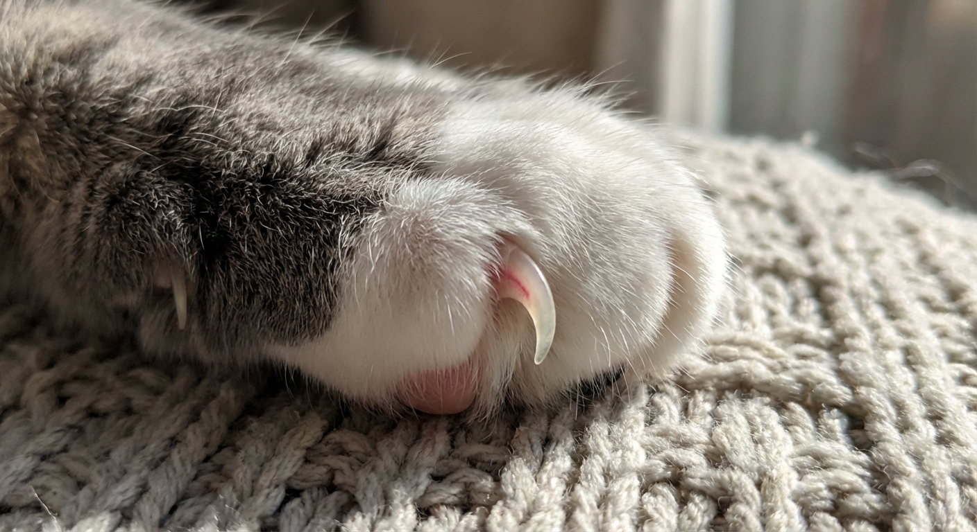 A close-up photograph of a cat paw with a gently extended claw showing the translucent tip and the pink quick inside
