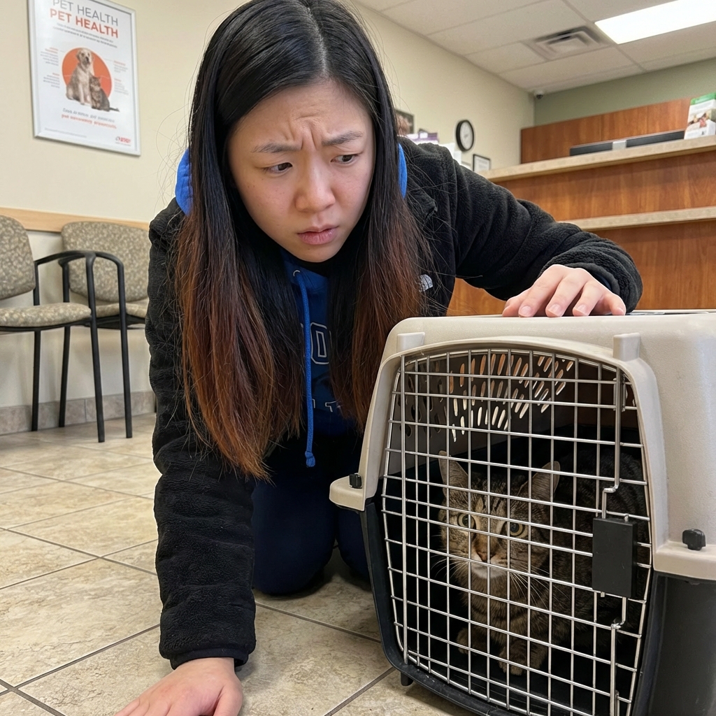 A close-up photograph of a cat sitting in a carrier with a concerned owner kneeling beside the carrier in a veterinary clinic lobby