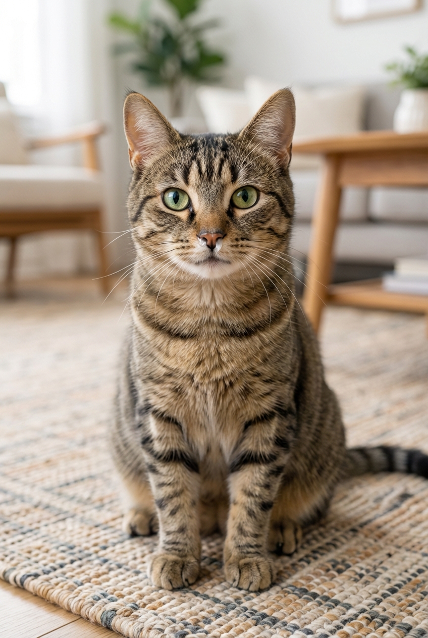 A close-up photograph of a cat with mild nasal discharge sitting on a living room rug