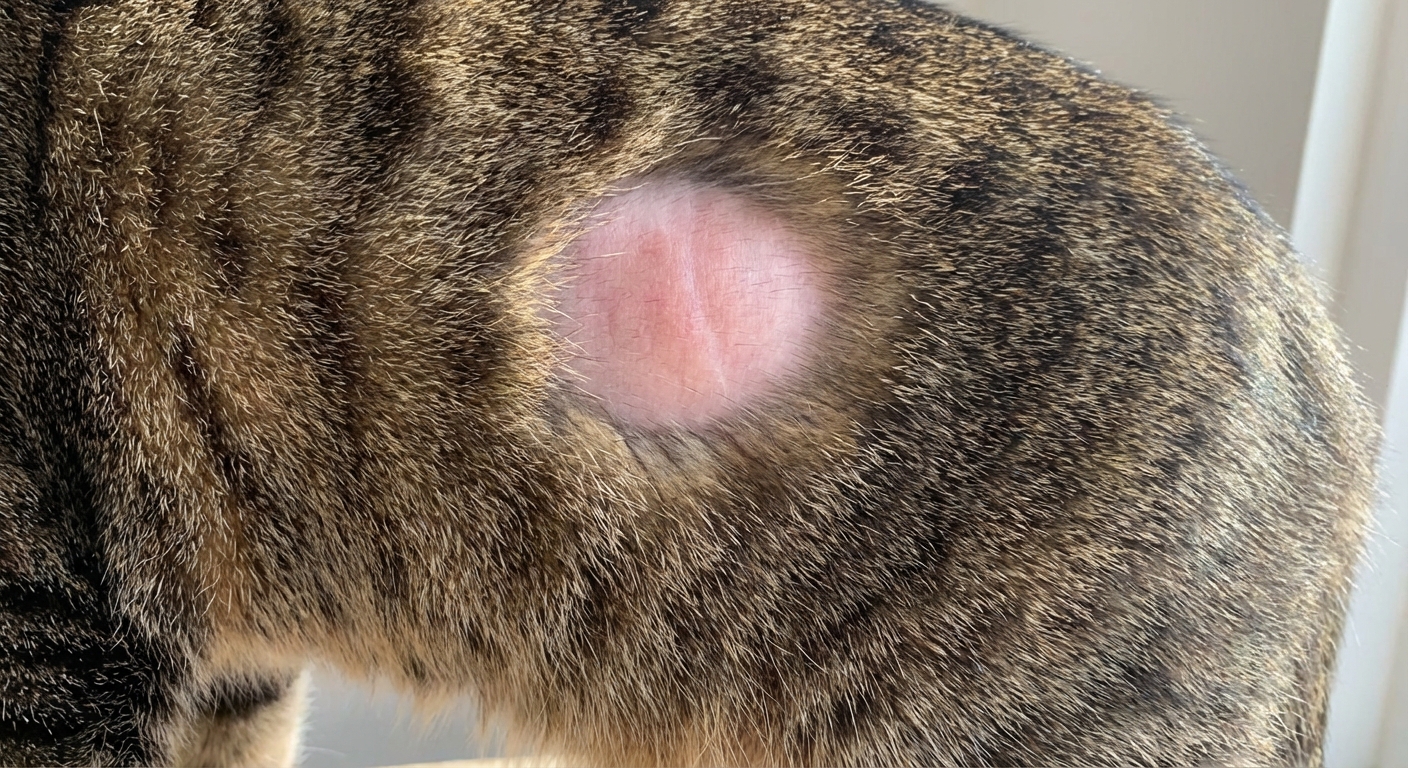 A close-up photograph of a cat’s flank with a smooth, oval bald patch and mild pink skin