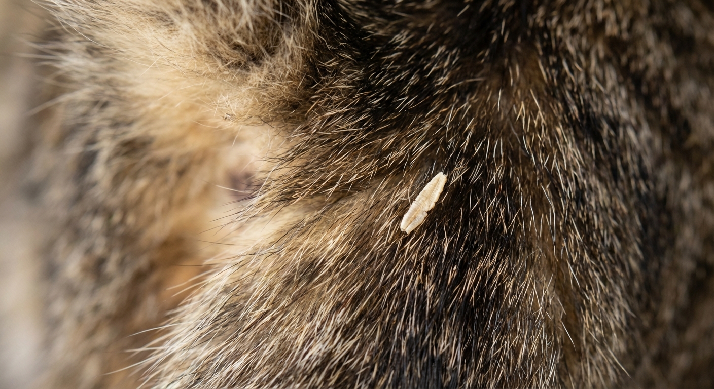 A close-up photograph of a cat’s fur near the hindquarters with a small pale rice-like segment visible on the hair
